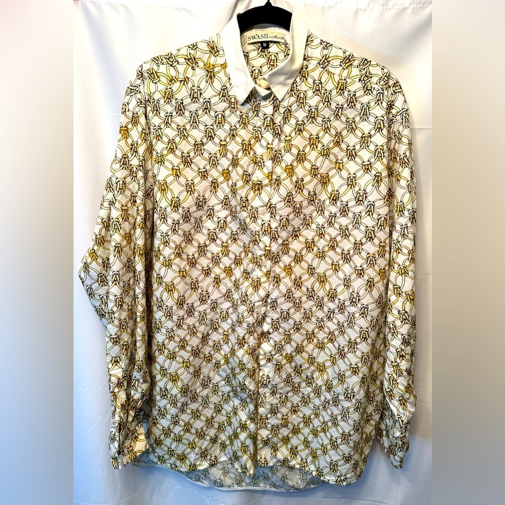 SWASH London Women’s Medium Button Up Shirt White W/ Gold Rope Knots Cotton Silk